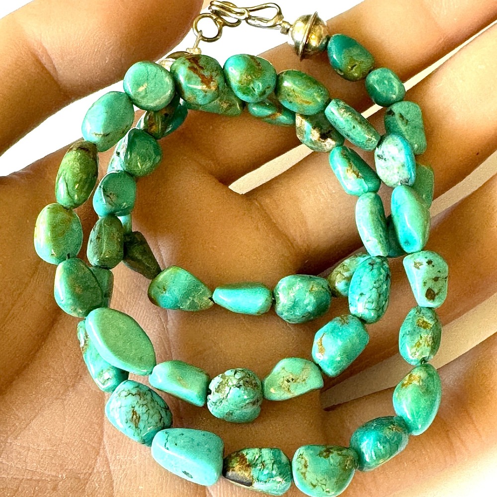 VTG Turquoise Necklace Navajo 18in Bench Bead Natural Nugget Sterling 90s Native